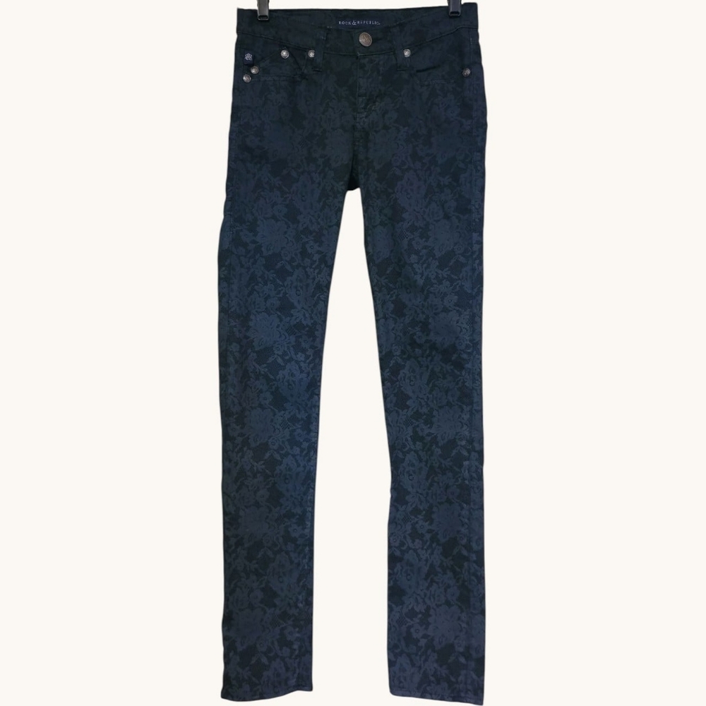 Rock & Republic BERLIN Blue/Gray Lace Patterned Jeans Womens Size 2 Low Rise 28W